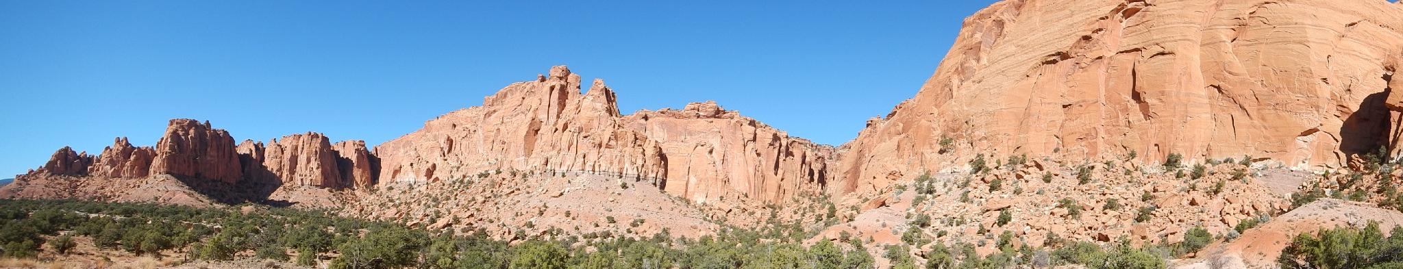 Panorama from the base of the final route up to the mesa top.