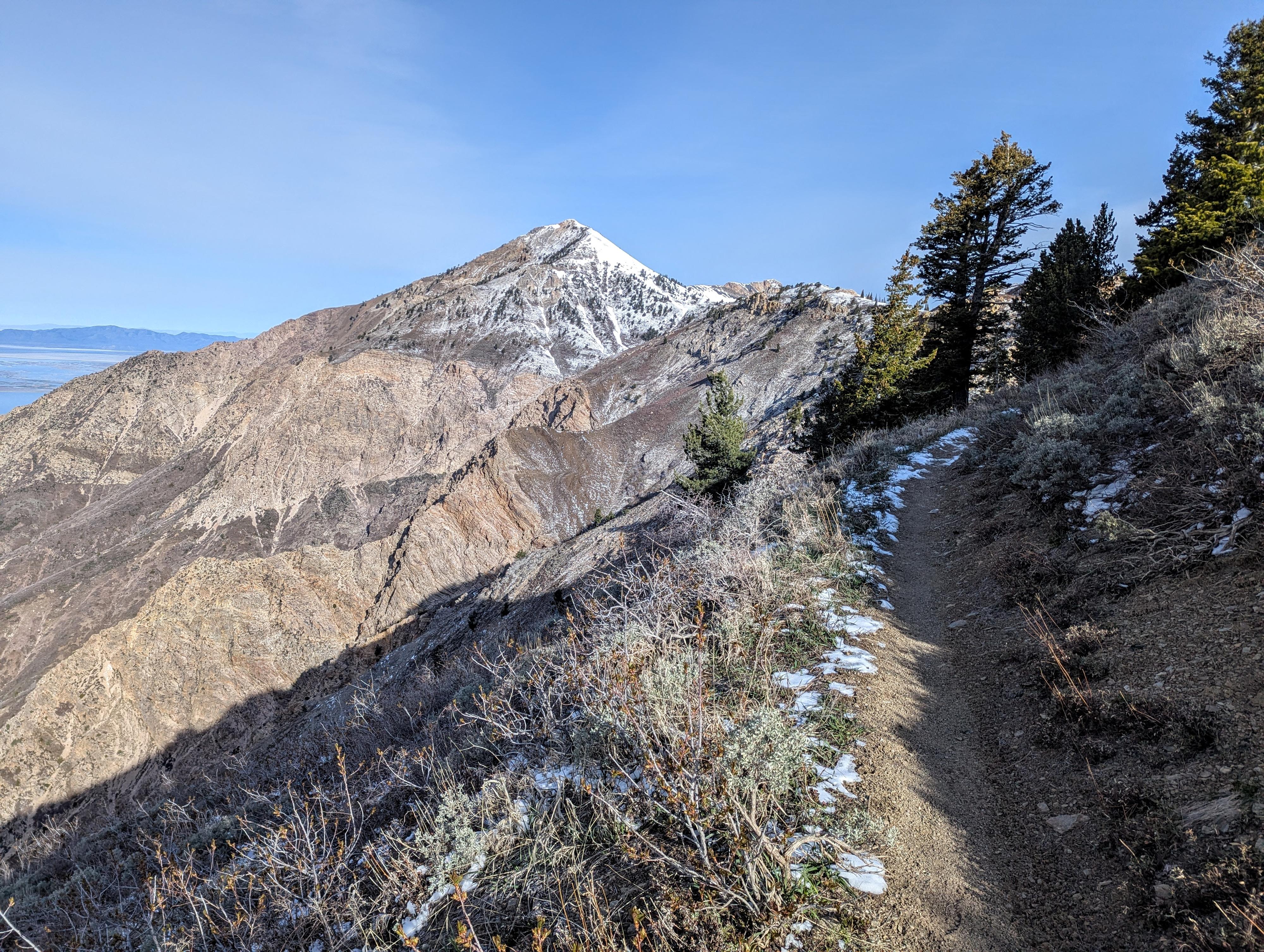 The snow covered peak on a late April trip in 2026 a very low snow year. 