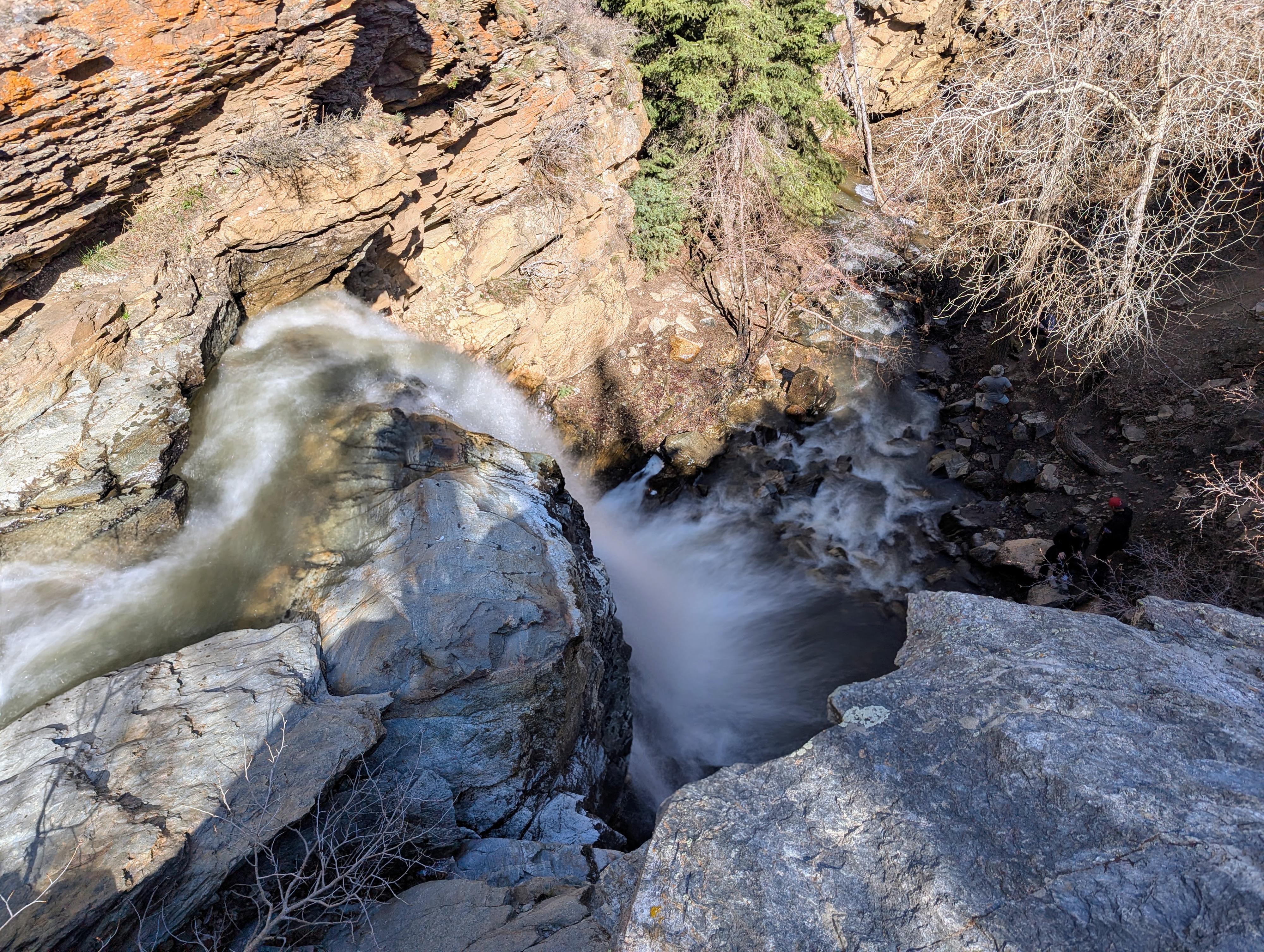 The view from the top of the falls. This requires careful scrambling from above to reach. Experienced scramblers only!