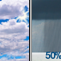 A chance of rain showers after 2pm. Partly sunny, with a high near 60. South southwest wind 0 to 5 mph. Chance of precipitation is 50%.