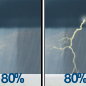 A chance of rain before 9am, then showers and thunderstorms. Mostly cloudy, with a high near 64. East southeast wind around 14 mph. Chance of precipitation is 80%. New rainfall amounts between a tenth and quarter of an inch possible.