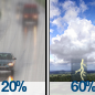 A slight chance of rain showers before 11am, then showers and thunderstorms likely. Mostly sunny, with a high near 83. Southeast wind 5 to 8 mph. Chance of precipitation is 60%.
